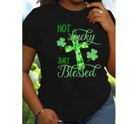 Shein Not Lucky Just " St. Patrick's Day Black T-Shirt with Green Shamrock & Cross Design - Casual Crew Neck, Short Sleeve, 100% Polyester Knit Fabric - Mac