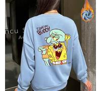 Shein Novedad Otoño/Invierno 2025: Sudadera unisex negra oversize con hombros caídos y cuello redondo, con un divertido y divertido estampado de Bob Esponja