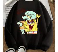 Shein Novedad Otoño/Invierno 2025: Sudadera unisex negra oversize con hombros caídos y cuello redondo, con un divertido y divertido estampado de Bob Esponja