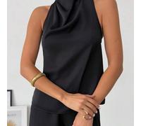Shein Nueva blusa elegante de primavera/verano para ir a trabajar, camisa de oficina negra ajustada con cuello asimétrico vintage moderno, sin mangas, halte