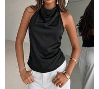 Shein Nueva blusa elegante de primavera/verano para ir a trabajar, camisa de oficina negra ajustada con cuello asimétrico vintage moderno, sin mangas, halte