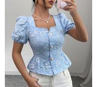 Shein Nueva blusa elegante y joven para dama en estilo versátil para fiesta, cita o uso casual, con cuello cuadrado, mangas abullonadas cortas, volantes en
