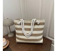 Shein Nueva bolsa de paja de gran capacidad con rayas tejidas, estilo de playa, cesta tejida tipo tote para mujeres con correa para el hombro, bolsa de paja