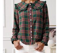 Shein Nueva camisa cómoda de estilo vintage francés con cuello Peter Pan a cuadros y abotonadura sencilla, adecuada para Navidad, se puede usar como prenda