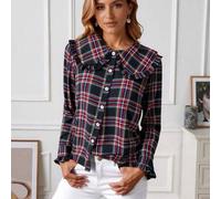 Shein Nueva camisa de estilo vintage francés con cuello Peter Pan a cuadros, de abotonadura sencilla y cómoda para mujeres, adecuada para Navidad, se puede