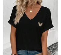 Shein Nueva camiseta casual de moda para mujer con elementos de estampado de corazón y leopardo, cuello en V