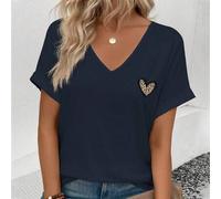 Shein Nueva camiseta casual de mujer con elementos de estampado de corazón y leopardo, cuello en V