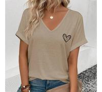 Shein Nueva camiseta casual de mujer con elementos de estampado de corazón y leopardo, cuello en V