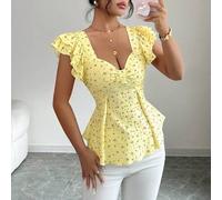 Shein Nueva camiseta informal para joven dama con estampado floral, textura, escote fruncido con doble capa y mangas con volantes