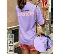 Shein Nueva llegada de primavera/verano para mujeres: Camiseta de algodón simple y versátil "La vida es mejor rubia" en color púrpura claro-rojo, ropa casua