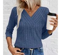 Shein Nuevas blusas de mujer con escote en V y punto acanalado cepillado para otoño/invierno, comercio electrónico transfronterizo LUNE