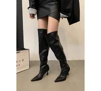 Shein Nuevas botas estilo francés con abertura en el empeine: Botas altas tipo cowgirl con altura debajo de la rodilla, diseño de punta afilada, color negro