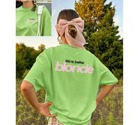 Shein Nuevas llegadas de primavera/verano para mujeres: Camiseta de algodón verde claro "La vida es mejor rubia" simple y versátil, ropa casual de primavera