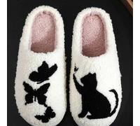 Shein Nuevas pantuflas de felpa con bordado de mariposa y gato para cruce de fronteras, pantuflas cómodas y peludas para hombres y mujeres, pantuflas de int