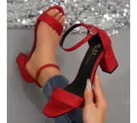 Shein Nuevas sandalias de mujer con tacón grueso negro para primavera-verano 2025, con correa de tobillo y punta abierta, tacón medio sexy con la parte tras