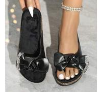 Shein Nuevas sandalias de talla grande, sandalias con lazo de caliente para mujer, Sandalias negras suaves y esponjosas con lentejuelas y fondo de laca, ade