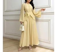 Shein Nuevo conjunto de 2 piezas de blusa de manga larga con lazo en la cintura y falda midi de talle alto, estilo francés suelto, para vacaciones