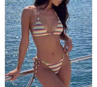 Shein Nuevo conjunto de 3 piezas de traje de baño para mujer para vacaciones de verano, fiestas y tardes de té, con tela texturizada, estampado de rayas, mi