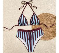 Shein Nuevo conjunto de bikini de 2 piezas de estilo retro azul rojo con cuentas para vacaciones en la playa, con estampado digital de rayas multicolor, cor