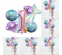 Shein Nuevo conjunto de decoración con temática de sirena y conchas marinas que incluye un globo gigante de lámina con números 0-9 de 32 pulgadas en degrada