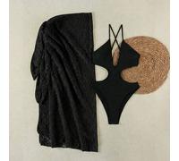 Shein Nuevo conjunto de moda primavera/verano para mujer, traje de baño de una pieza sexy y elegante casual, falda de encaje negro como cubridor para playa,