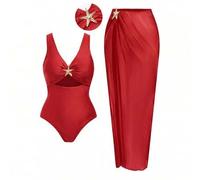 Shein Nuevo conjunto de traje de baño de dos piezas para mujer talla grande, con un bañador negro sólido de una pieza con decoración de estrella de mar cala