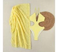 Shein Nuevo conjunto de traje de baño de una pieza con diseño hueco de color amarillo sólido, elegante y sexy, con falda de cobertura para playa, adecuado p