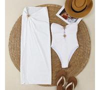 Shein Nuevo conjunto de verano/primavera de mujer elegante y sexy con un bañador blanco de un solo hombro calado, con pareo y minifalda, ideal para playa, f