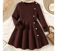 Shein Nuevo diseño de vestido para niñas con decoración de botones dorados, empalme de puños de piel, punto acanalado marrón, manga larga, cuello redondo, p