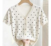 Shein Nuevo estilo francés elegante de verano para uso diario, casual, de oficina, conciertos y estilo callejero, cárdigan de punto con lunares franceses, t