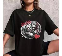 Shein Nuevo estilo primavera/verano 2025. Camiseta negra de manga corta con estampado de payaso. Estilo casual. Moda femenina. Corte holgado. Algodón suave.