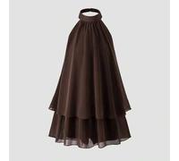 Shein Nuevo Llegado Vestido Corto de Gasa Marrón Oscuro de Verano para Niñas Preadolescentes con Diseño de Cuello Alto Halter que Revela el Hombro, el Cuell