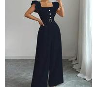 Shein Nuevo mono de mujer con cuello cuadrado, volantes, falso pliegue, decoración con cinturón y botones. Elegante mono de talle alto para uso diario y ofi