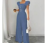 Shein Nuevo mono de mujer con cuello cuadrado, volantes, falso pliegue, decoración con cinturón y botones. Elegante mono de talle alto para uso diario y ofi