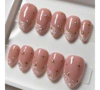 Shein Nuevo set de 10 uñas postizas de almendra de tamaño mediano a largo, estilo francés de alta gama con decoración estrellada, conjunto de uñas postizas