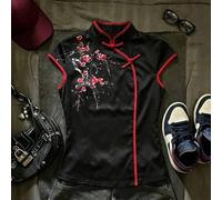 Shein Nuevo top estilo chino modificado Cheongsam, color de contraste negro & rojo, bordado de flor de ciruelo, botón de rana, camiseta sin mangas, estilo v