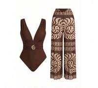 Shein Nuevo traje de baño de mujer 2026 Llegada Traje de baño vintage de mujer con textura espiral, elegante y adecuado para vacaciones, escuela, vacaciones