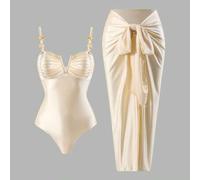 Shein Nuevo traje de baño de una pieza de 2026 para mujer, de alta gama, para vacaciones de verano en la playa, con escote en V con cuentas, plisado, sin ti