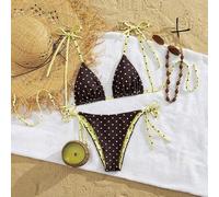 Shein Nuevo Traje de Baño Elegante y Lindo de Dos Piezas Reversible para Mujer, Diseño Reversible con Estampado de Lunares Amarillo Limón y Marrón Chocolate