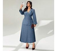 Shein Nuevo vestido camisero de otoño/invierno con cruce en la cintura, plisado, ajustado, con bajo acampanado. Vestido de oficina elegante con mangas abull