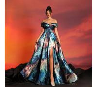 Shein Nuevo vestido de noche formal de satén con impresión hombros descubiertos, elegante vestido de cóctel semiformal para fiesta de graduación, boda o fie