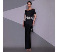 Shein Nuevo vestido largo ajustado con hombros descubiertos, hecho a mano en negro con cuentas y cristales, diseño floral 3D, elegante para invitada de boda