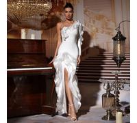 Shein Nuevo vestido largo blanco y sexy con hombros inclinados, borde de hoja de loto pesado, vestido de novia elegante para invitadas, dama de honor, fiest