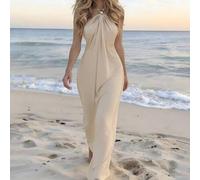 Shein Nuevo vestido largo de champán sin espalda plisado simple con cuello halter y decoración de bola de metal, ropa bohemia para mujer, ropa de moda para