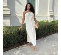Shein Nuevo vestido largo de champán sin espalda plisado simple con cuello halter y decoración de bola de metal, ropa bohemia de moda para mujeres, atuendos