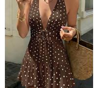 Shein Nuevo vestido mini con cuello en V y lazo delantero, estilo casual francés, vestido mini fluido con cintura ceñida para vacaciones francesas, vestido