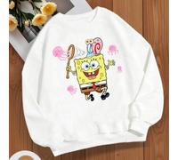 Shein Nuevos modelos de primavera y otoño, un suéter súper lindo con temática de Bob Esponja, con un clásico fondo blanco, estampado con un Bob Esponja llen
