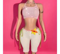 Shein Nuevos shorts de verano/primavera sexy para mujer con bloques de color, tejido a ganchillo y calados, con decoración floral de ganchillo 3D, adecuados