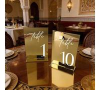 Shein Números de mesa de boda de acrílico espejo dorado 10*15cm con impresión de caligrafía elegante, letrero de mesa autoportante reutilizable, fácil de in