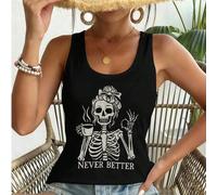 Shein "Nunca tan bueno" - camisetas de café con esqueletos, tops sin mangas con estampado gótico de esqueletos, para el día a día de la Generación Z